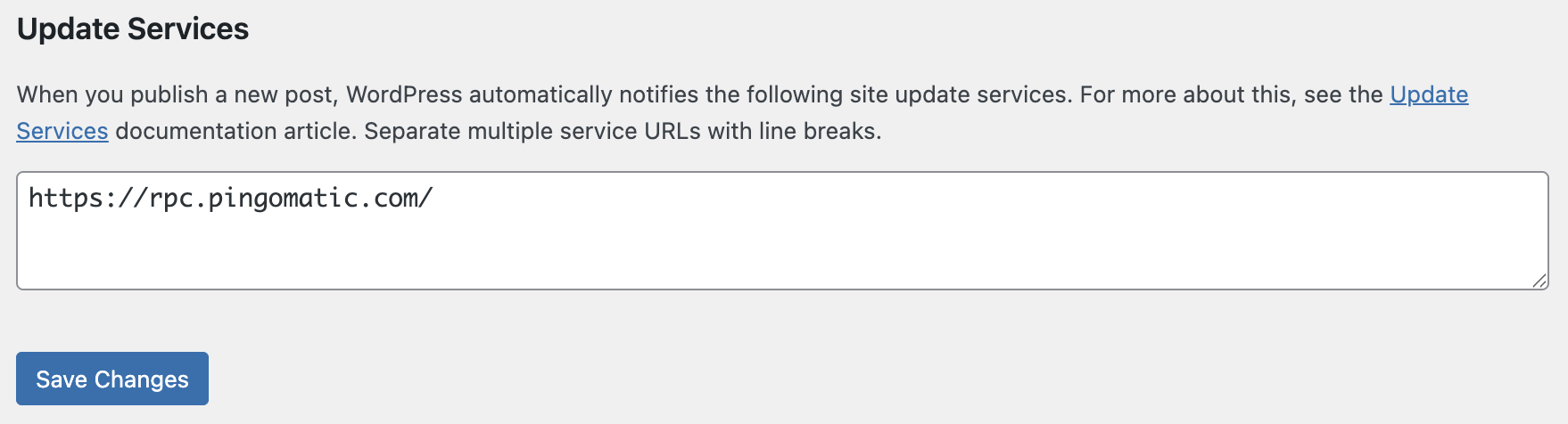 Screenshot of the Update Services screen.