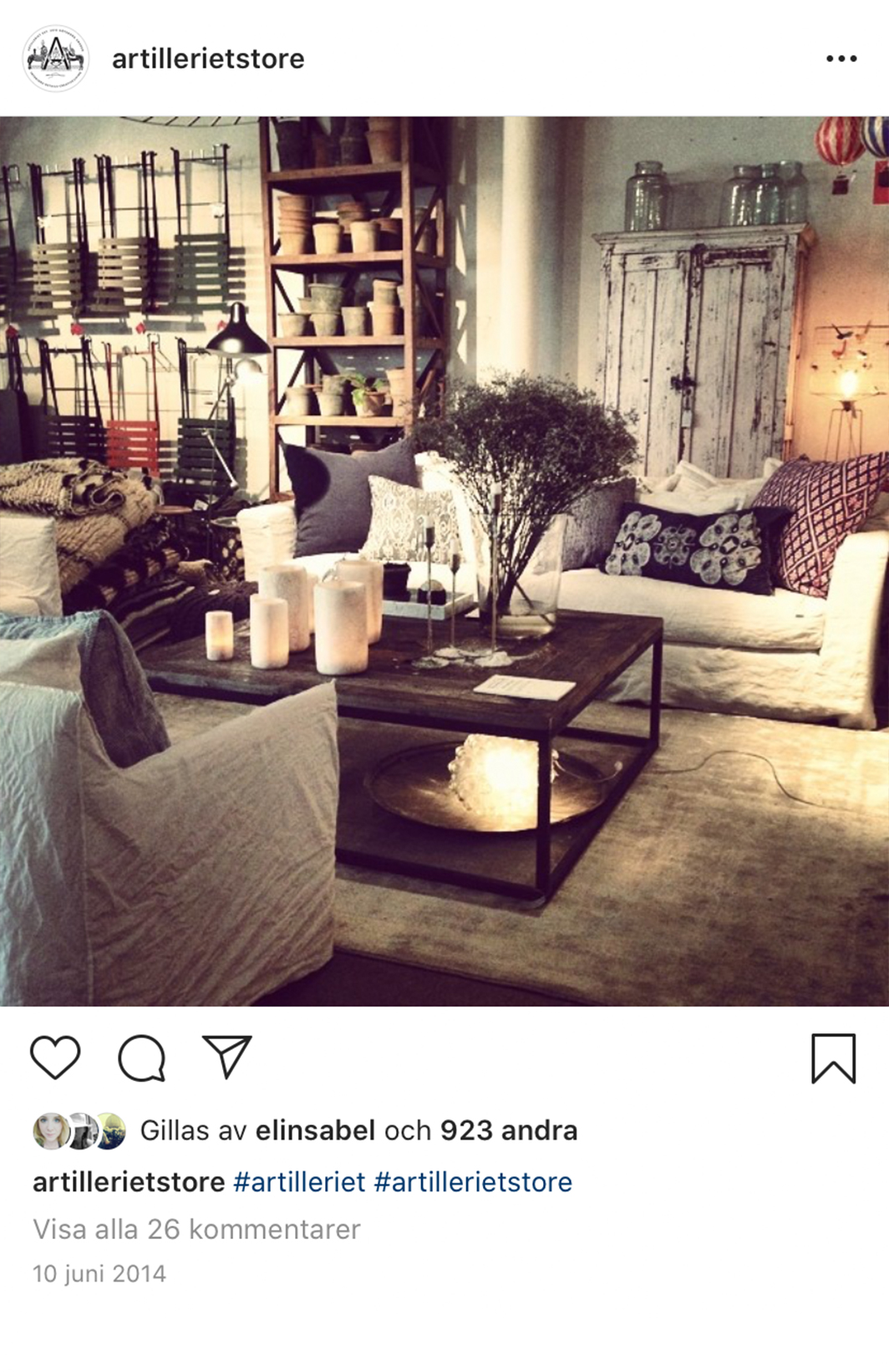 Instagram post of interiors from Artilleriet