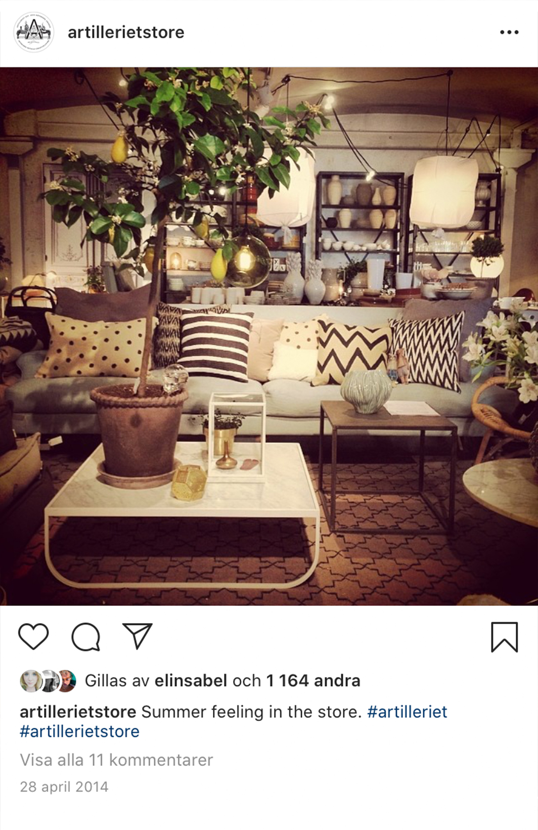 Instagram post of interiors from Artilleriet