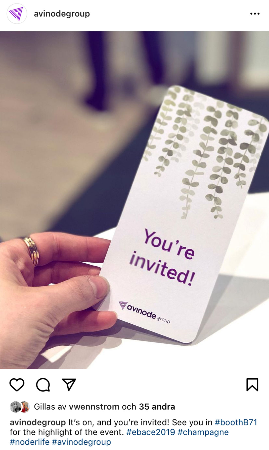 Screen shot of an instagram post with an invitation card to Avinode Groups booth party at the conference ebace 2019