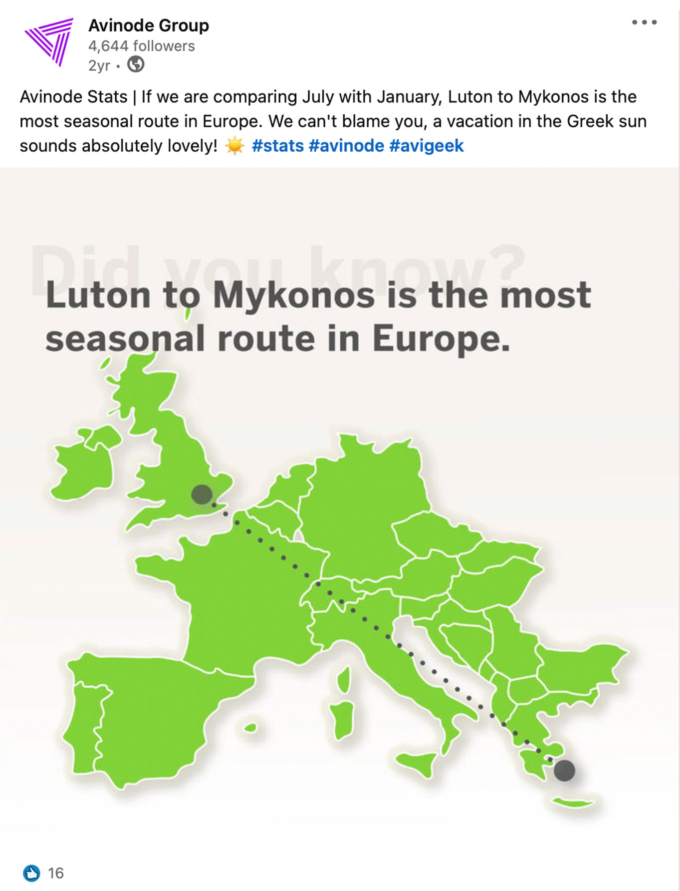 Instagram post of flight statistics over Luton to Mykonos being the most seasonal route in Europe for private jet bookings.
