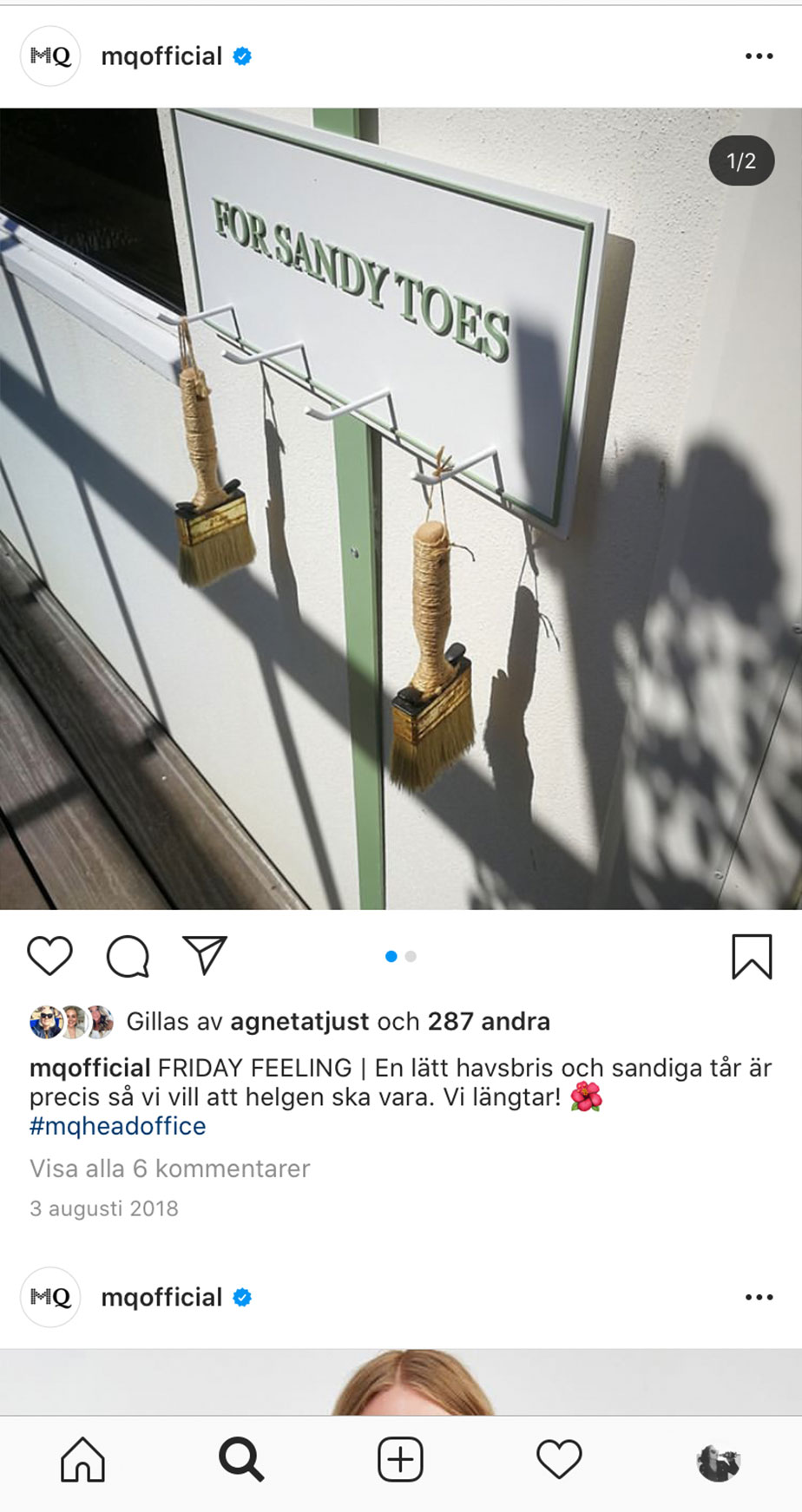Instagram post of a sign saying "for sandy toes" with some brushes hanging from hooks.