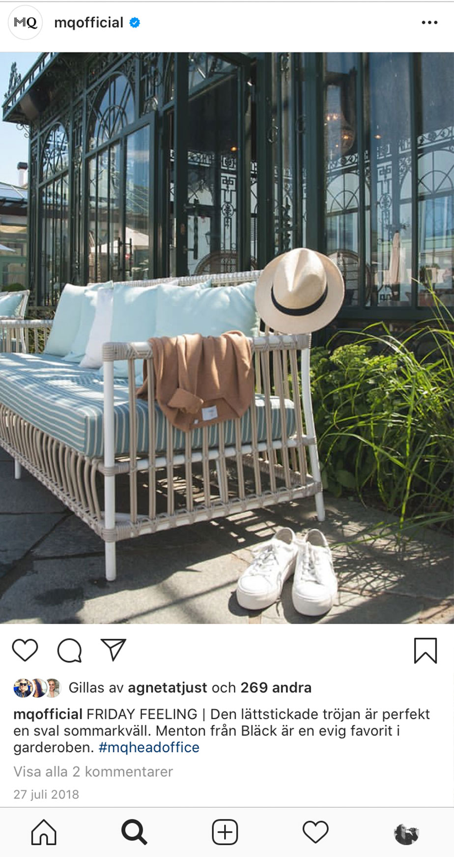 instagram post of a hat, a shirt and a pair of shoes on an outdoor sofa by a green house.