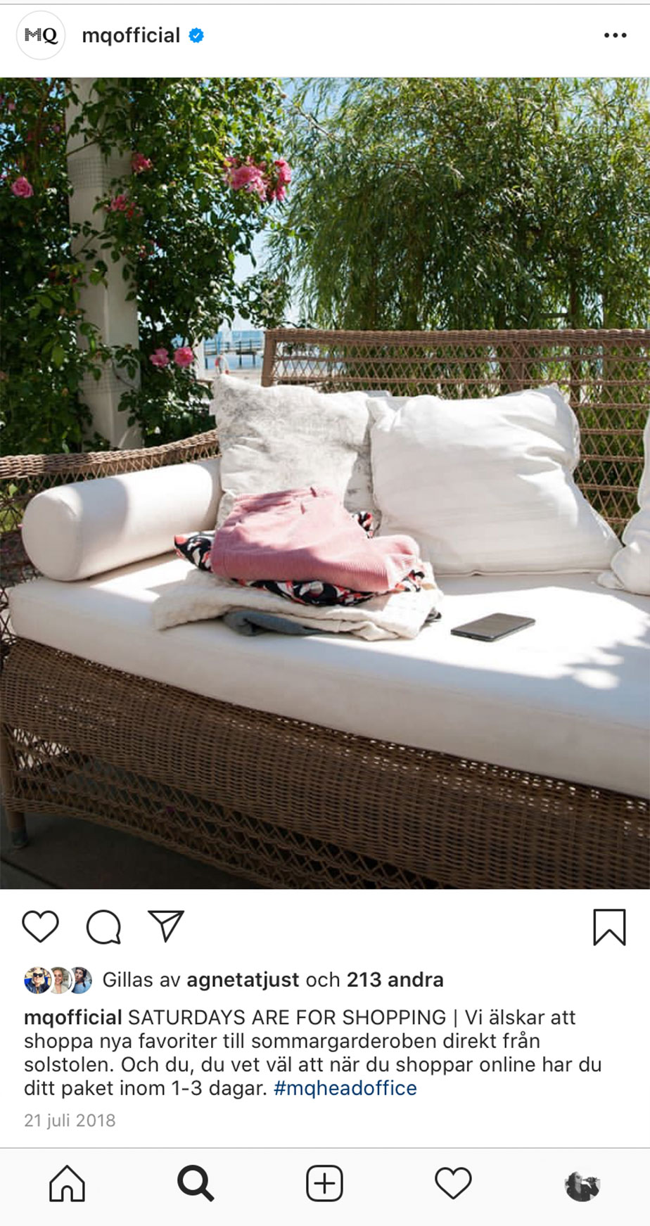 Instagram post of a folded pile of summer clothes on a porch sofa on a summers day