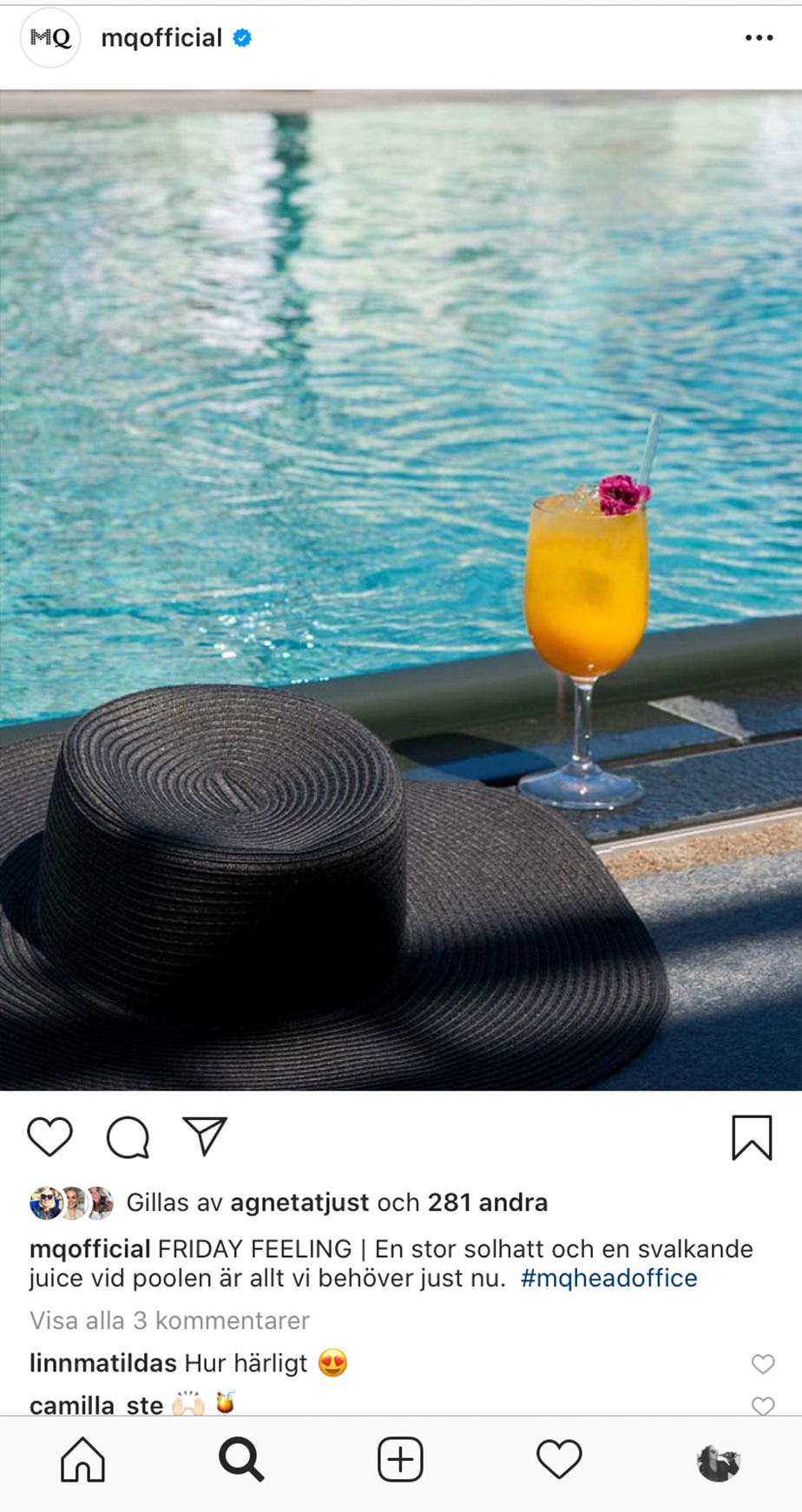Instagram post of a sunhat on the edge of a pool