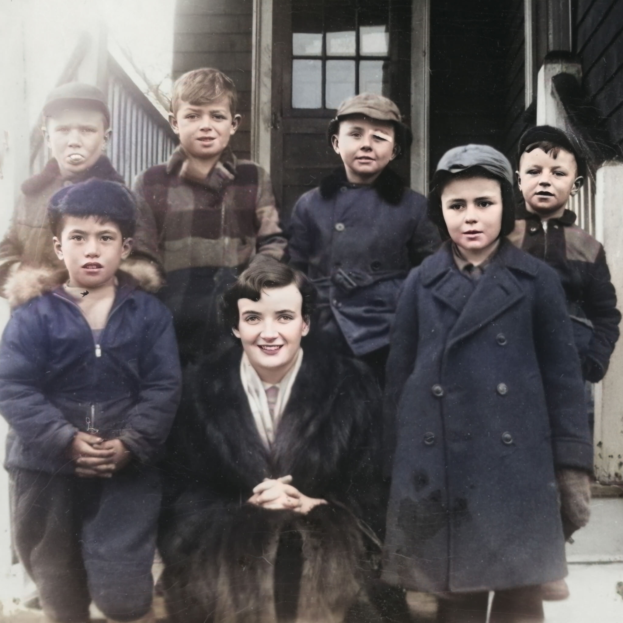 An elegant teacher poses with her hard-up students. Mid 20th century.