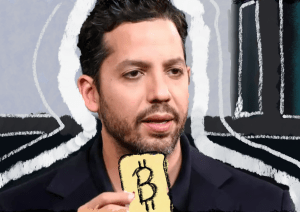 David Blaine the magician doing a card trick with the Bitcoin logo.
