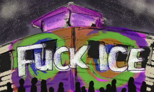 A crowd of silhouettes looking at a building. Projected onto the building are swirling colors and the bold letters that spell FUCK ICE.