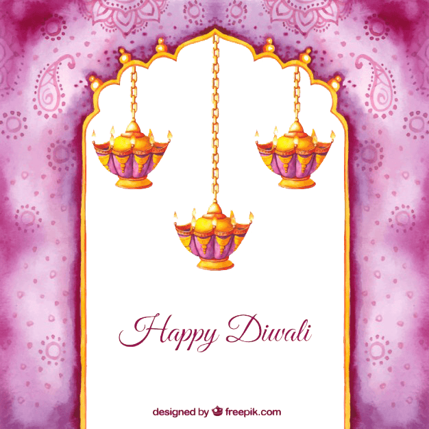 Colorful Diwali lanterns hanging with "Happy Diwali" message.