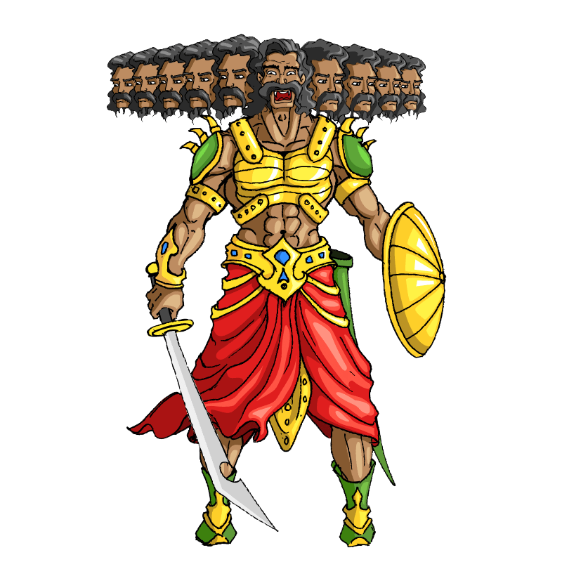 Fierce Dussehra warrior with multiple heads, sword, and shield, celebrating victory.