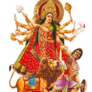 Goddess Durga Maa with multiple arms and lion, transparent PNG image.