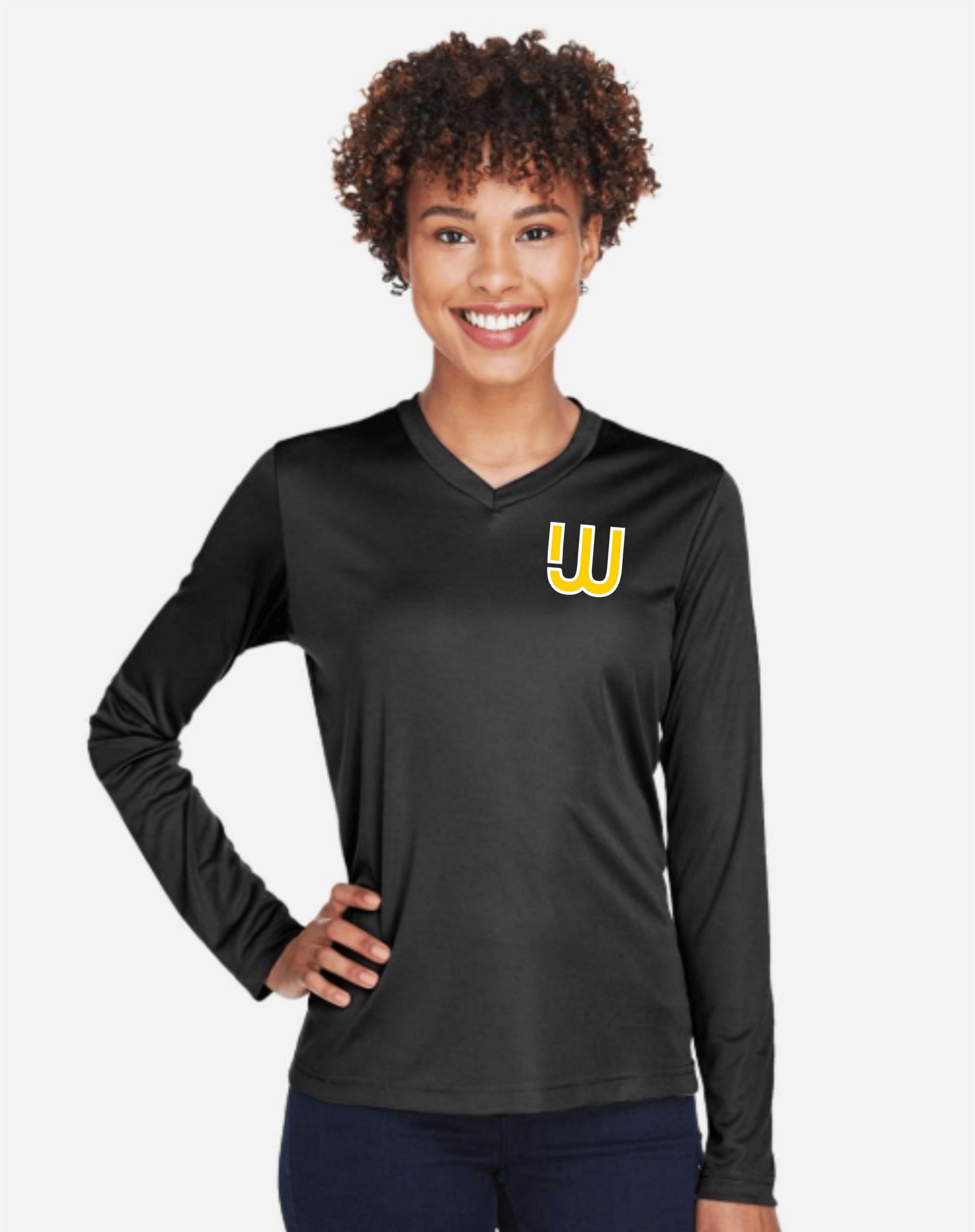 WNWO BLACK V-NECK LADIES PERFORMANCE LONG-SLEEVE