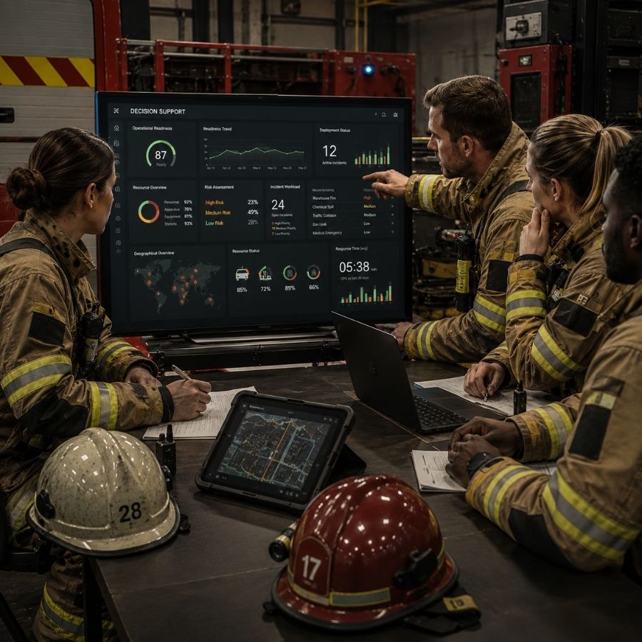 Fire and Rescue team reviewing readiness and human performance data on a digital dashboard
