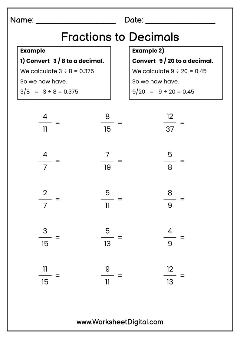 Ordering fractions and decimals worksheet