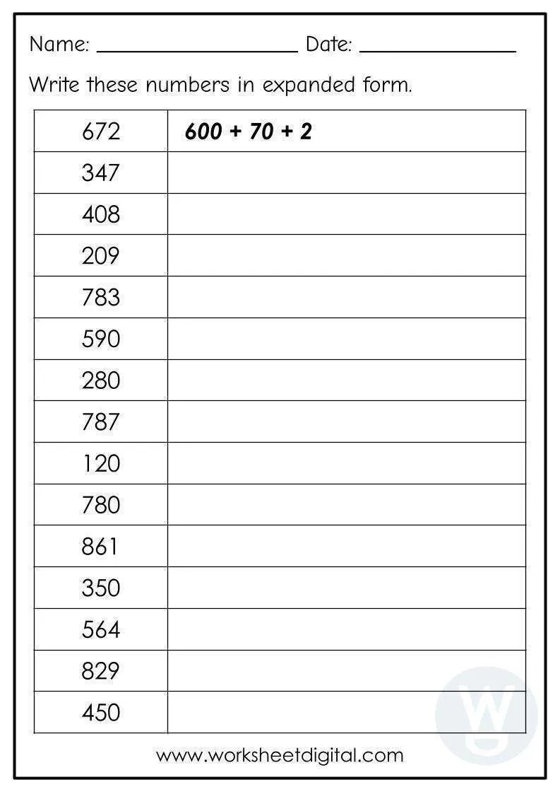 Expanded forms numbers to 1000 - worksheet digital