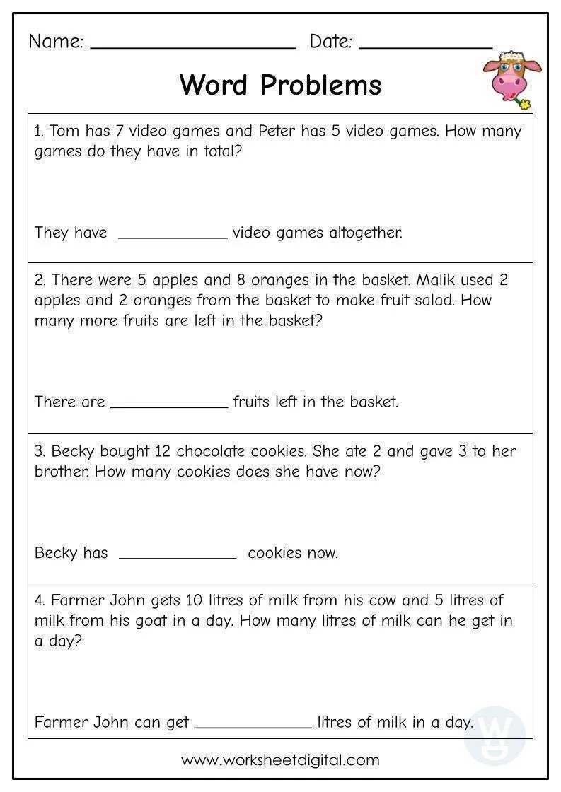 Word problems addition and subtraction up to 20