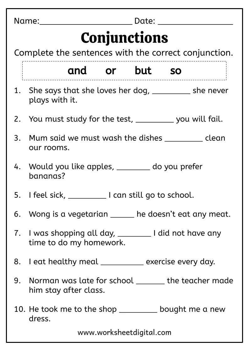 Worksheet on conjunctions for grade 5