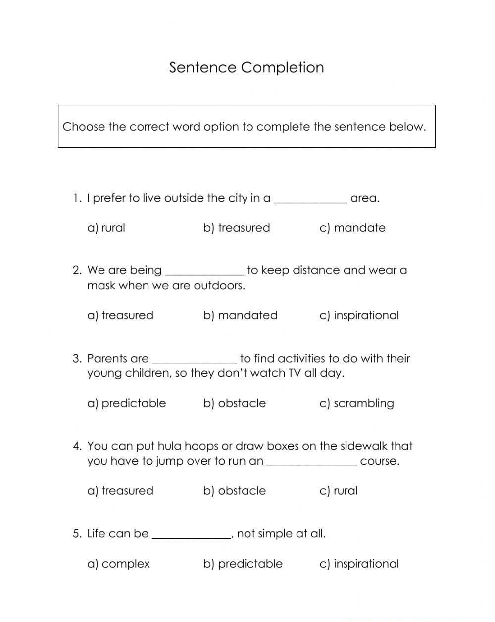 Sentence completion worksheets