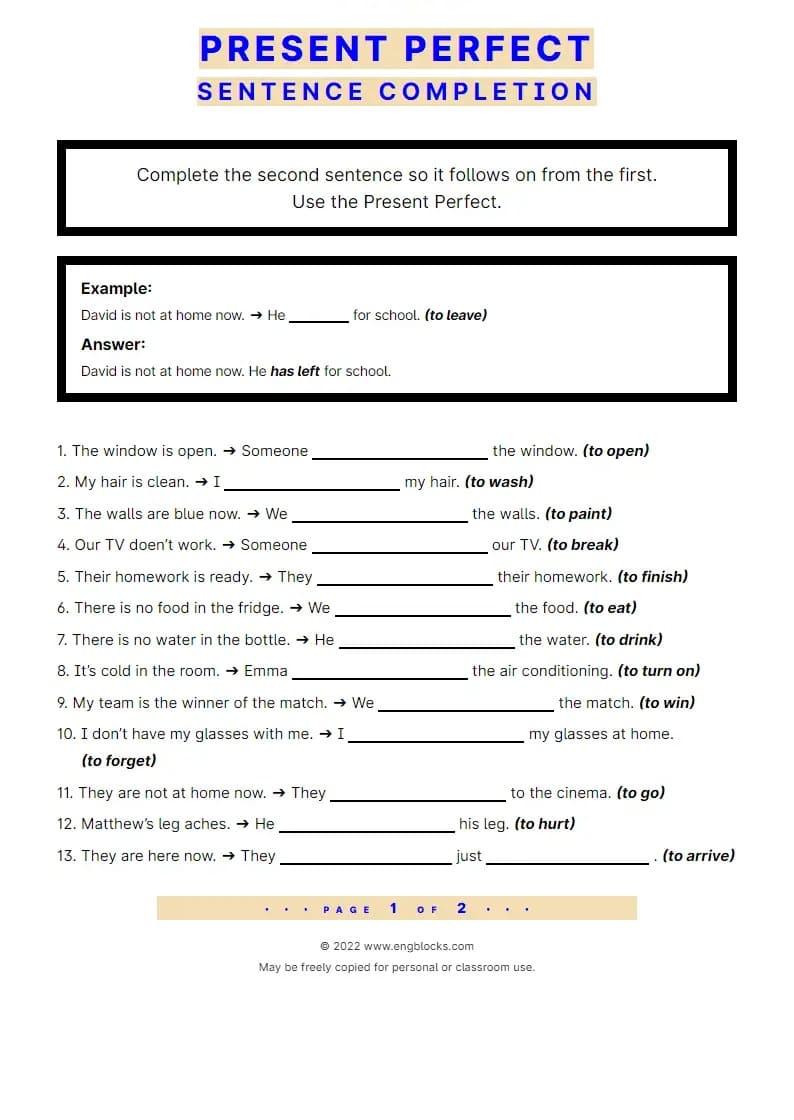 Present perfect sentence completion worksheet