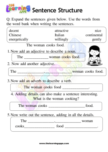 Sentence structure adjective usage worksheet