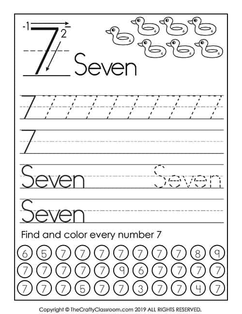 Free preschool number 7 worksheets printable pdf