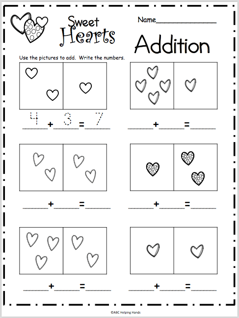 Addition up to 10 worksheets (first grade, printable)
