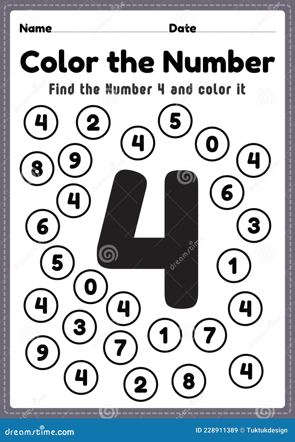 Kindergarten math worksheet, number 4 coloring maths activities