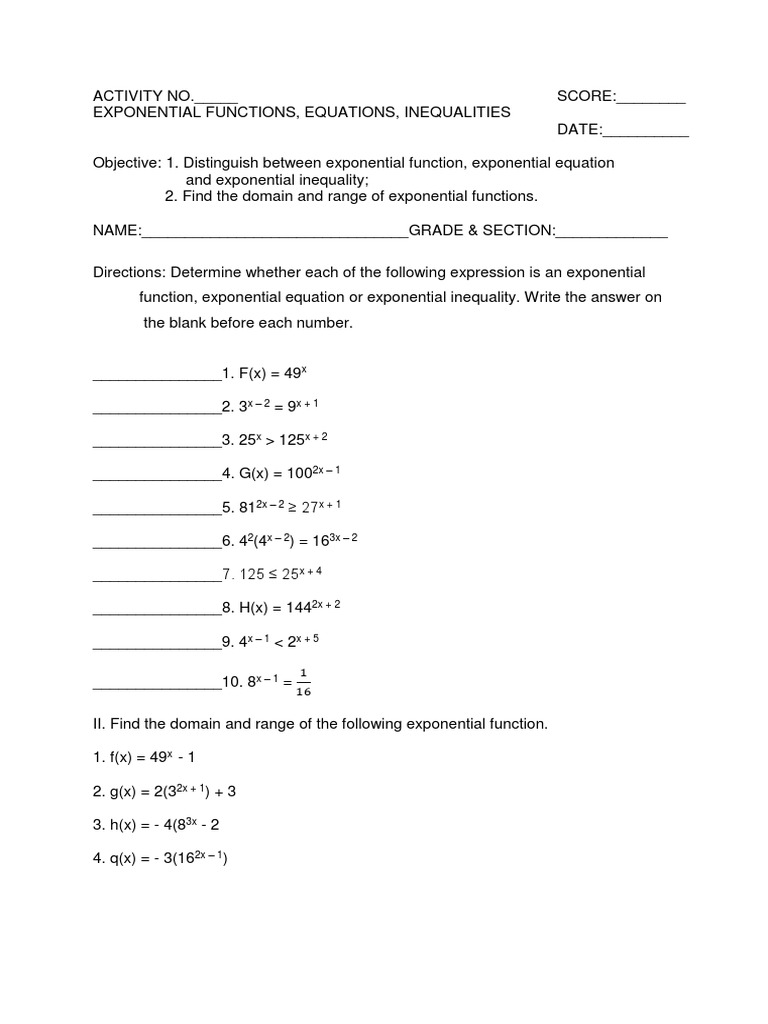 Exponential functions activity sheets
