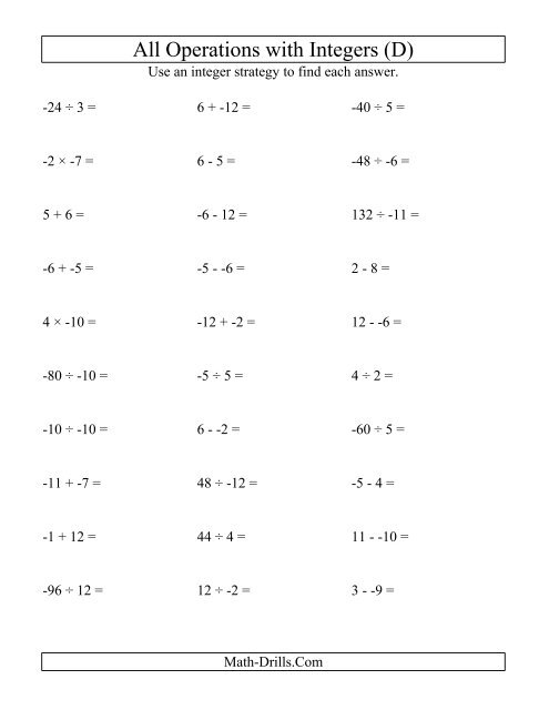 Multiplication squares-integers operation worksheet