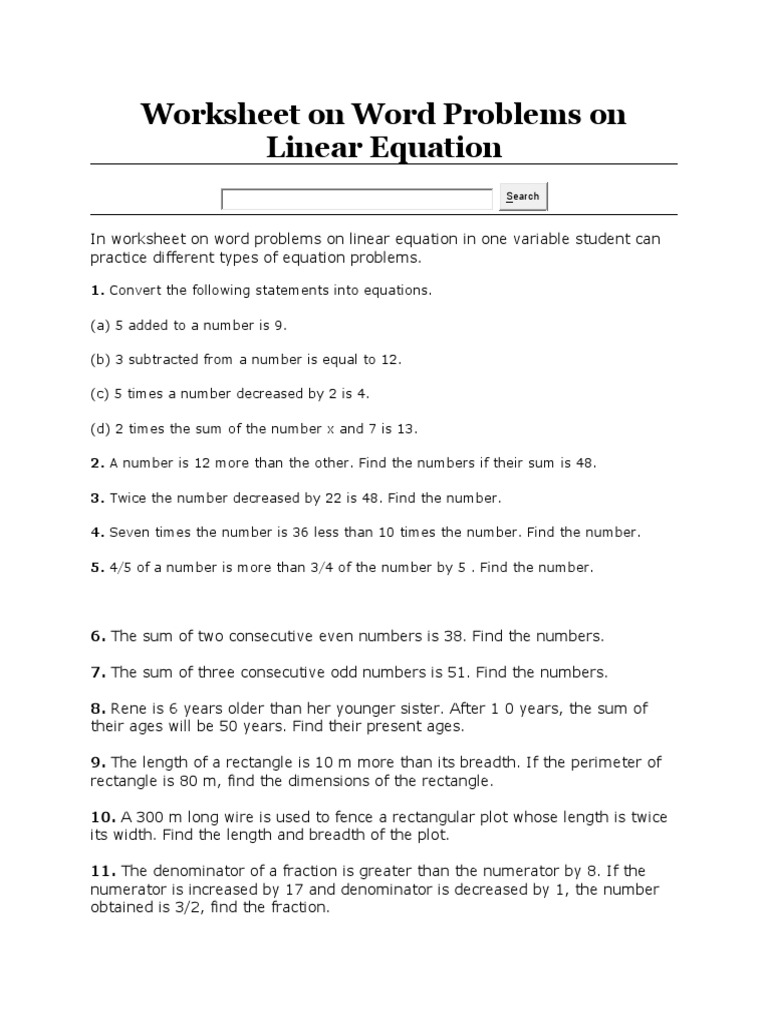 Linear equation word problems worksheet