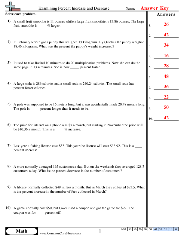 Percentage increase and decrease worksheet for 5th