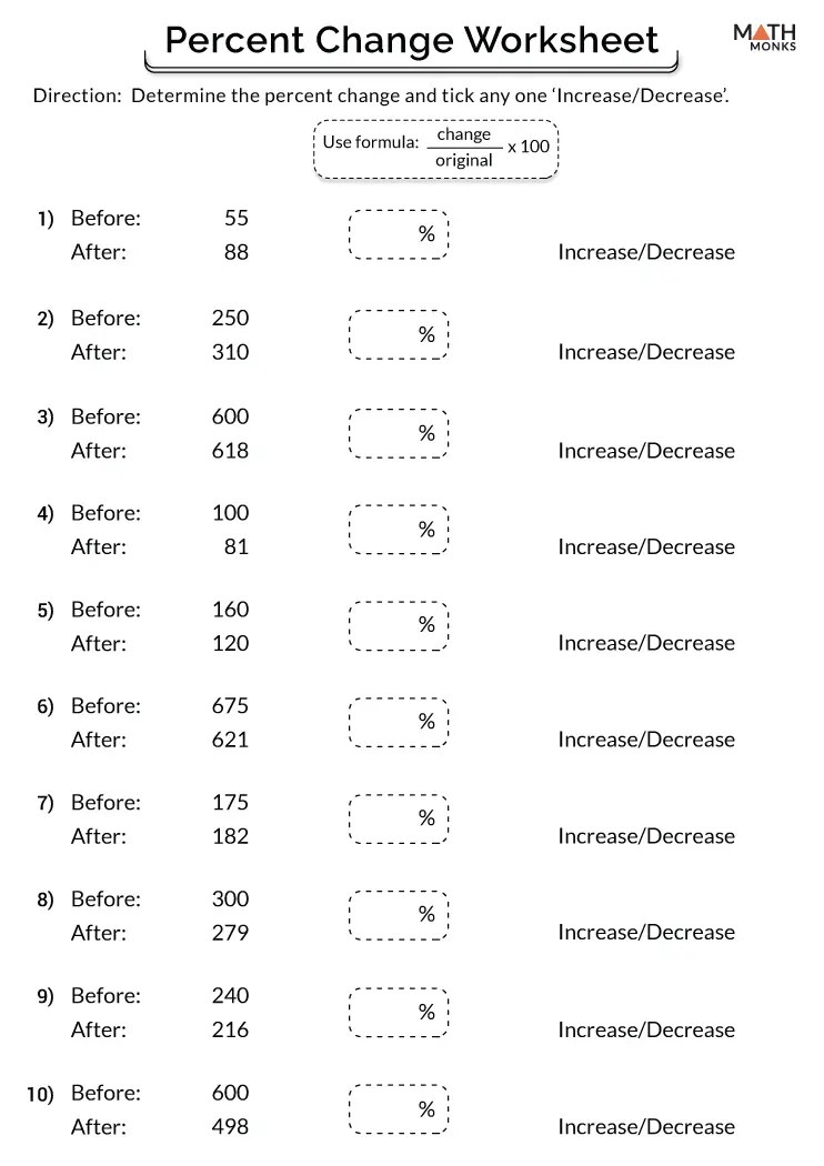 Percentage increase and decrease worksheets