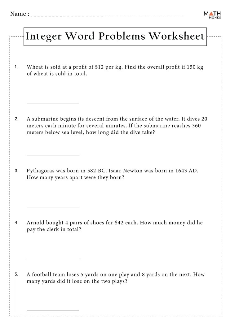Integer word problems worksheets