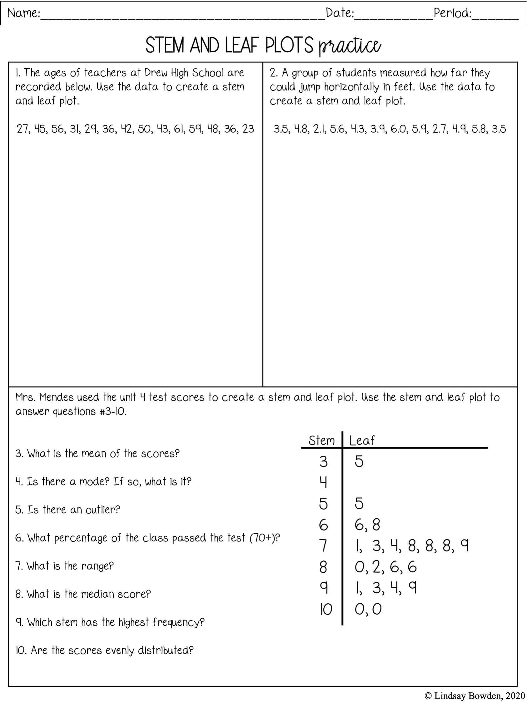 Stem and leaf plots worksheets