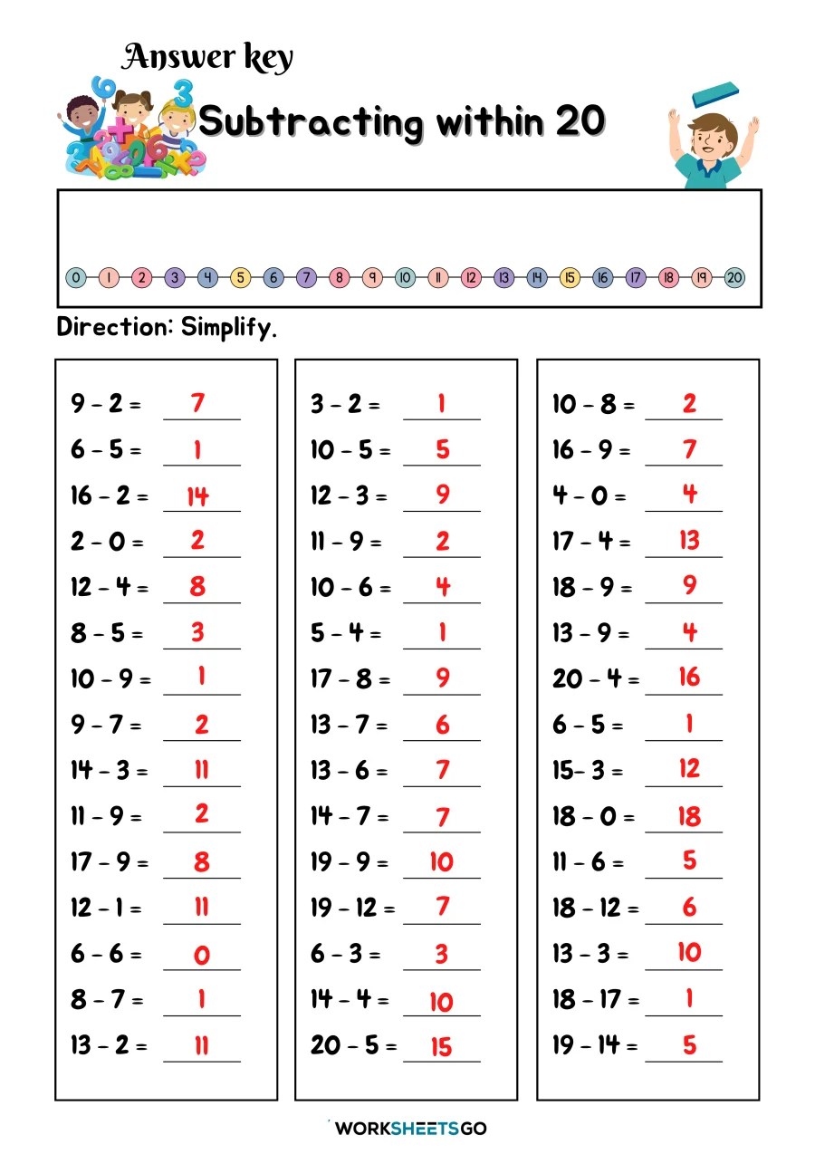 Subtracting within 20 worksheets