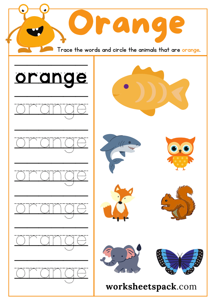 Orange color sheet printable free pdf, color orange worksheet for