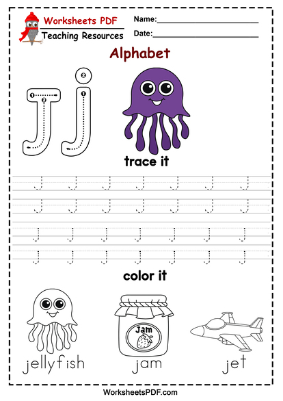 Letter j worksheets pdf- recognize, trace, & print