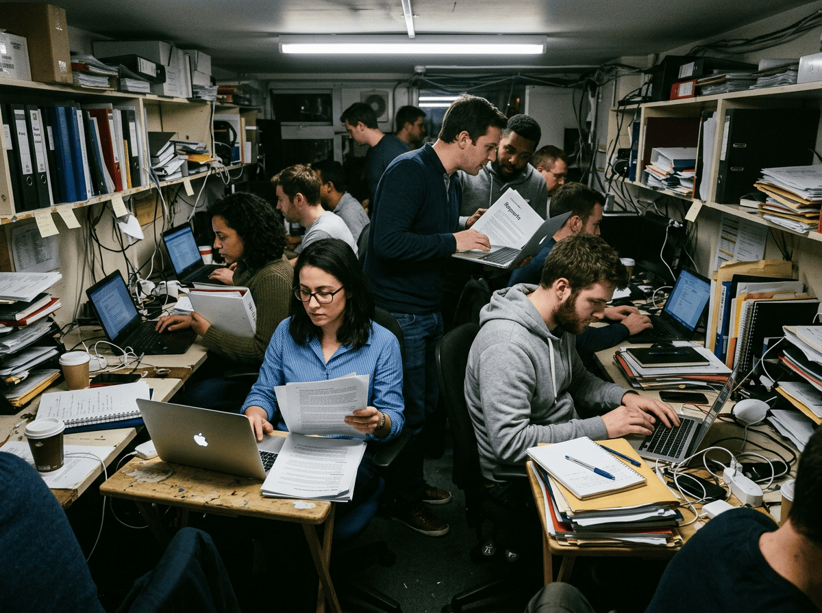 A group of people working on laptops and papers in a small, packed office