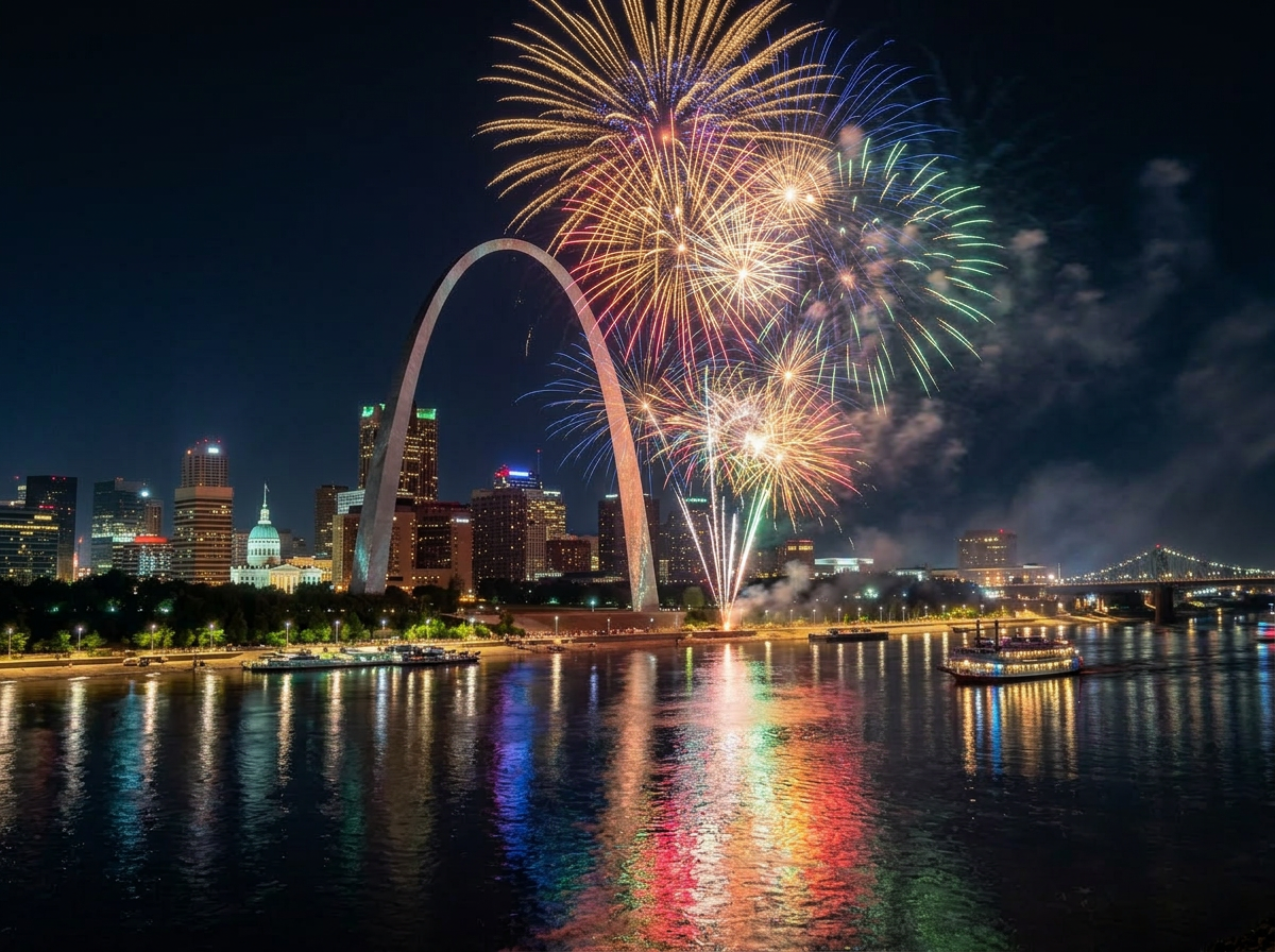 Fireworks exploding near city skyline and river with people watching