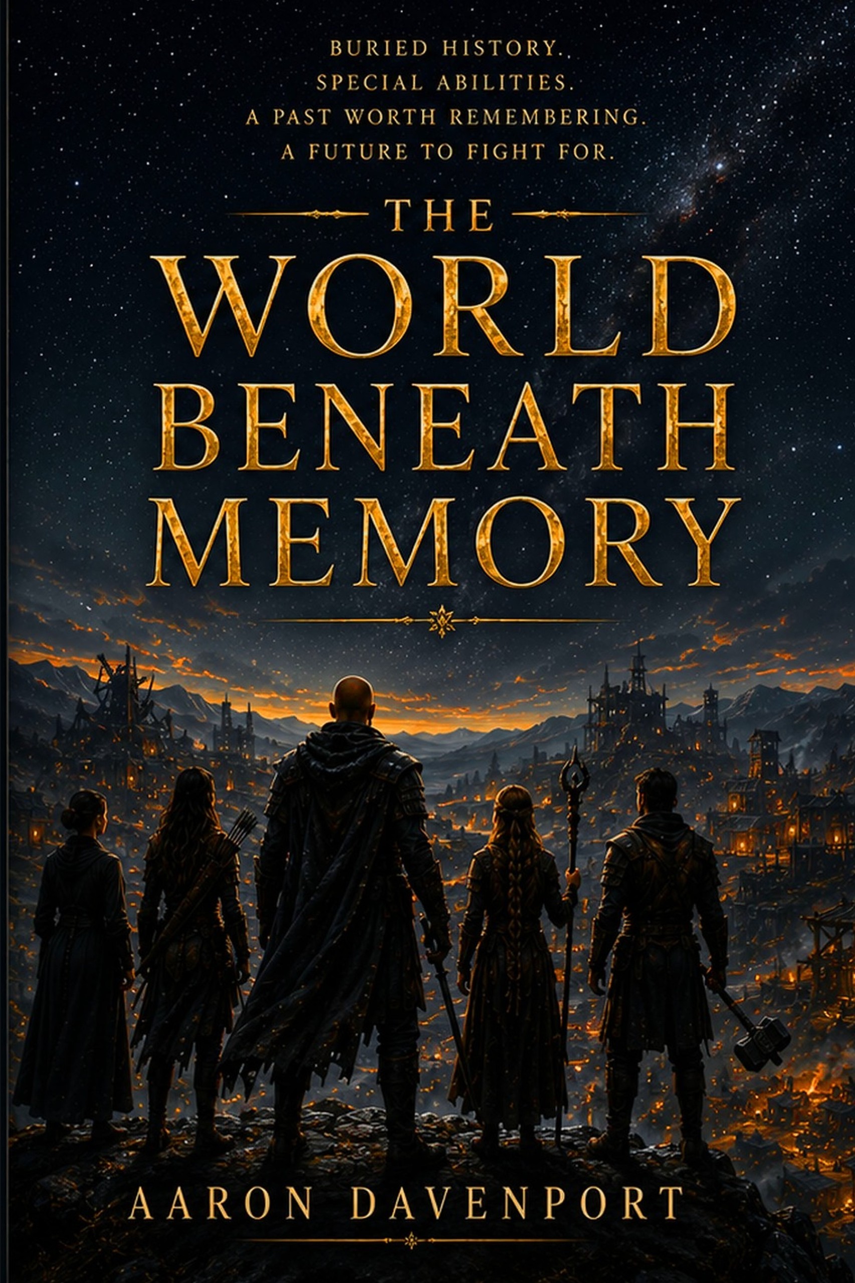 Kindle edition cover of The World Beneath Memory by Aaron Davenport, featuring the five main characters