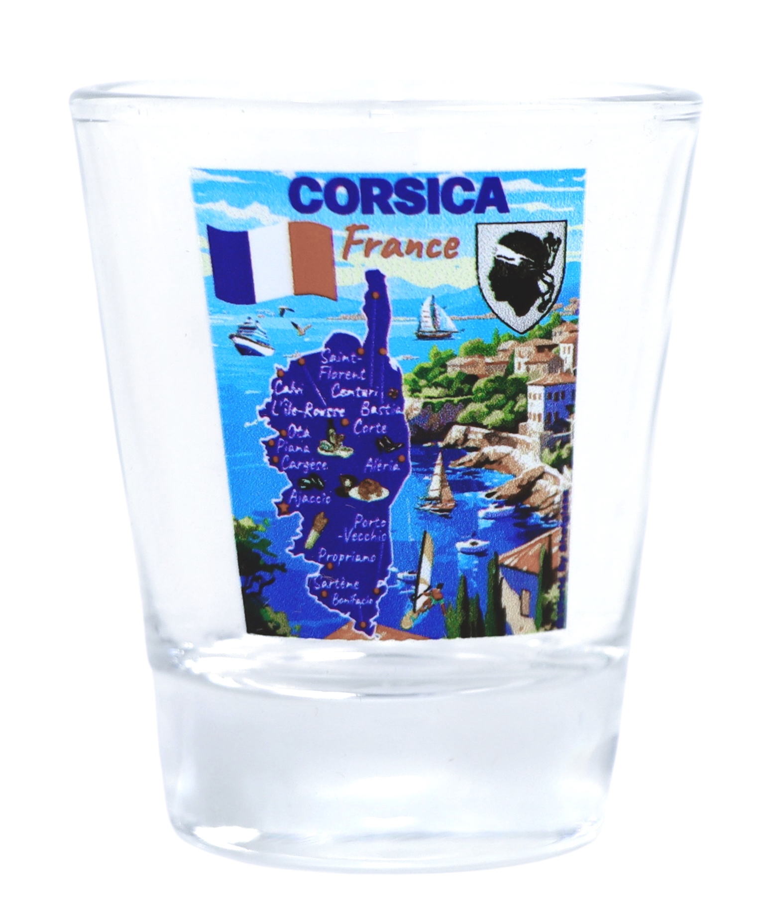 Corsica France Map and Attractions Collage Shot Glass