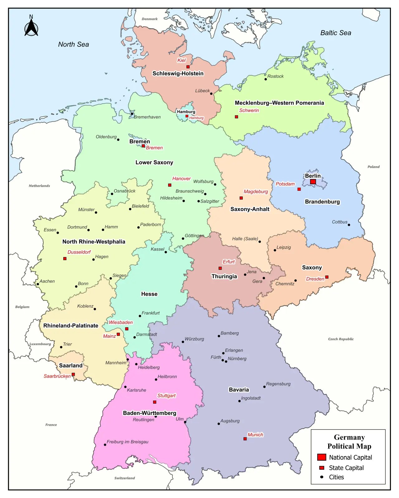 Printable Map Of Germany With States And Cities FREE WMB Maps Political Map Of Germany With States Capitals And Major Cities HIGH RES.webp