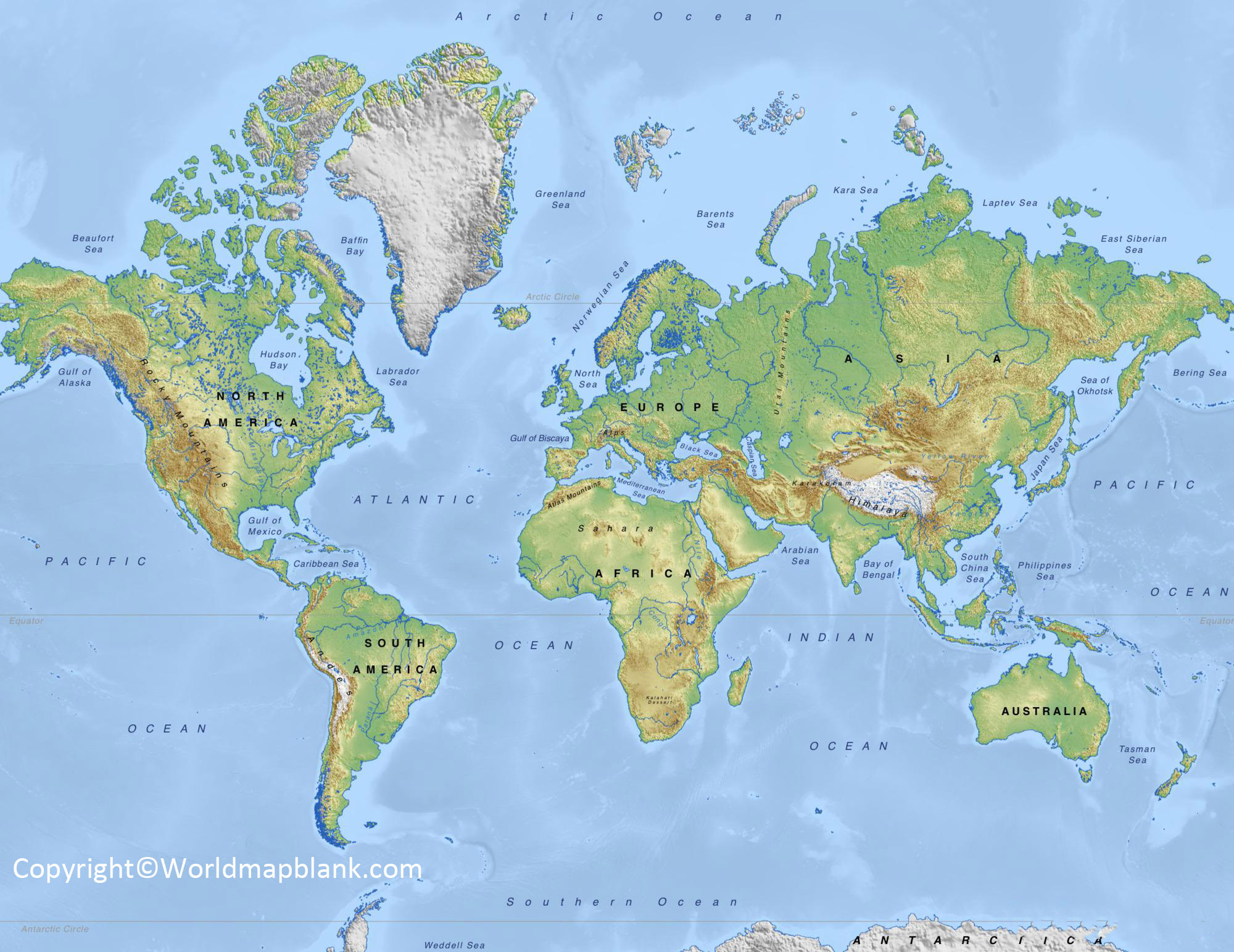 free printable physical world map labeled