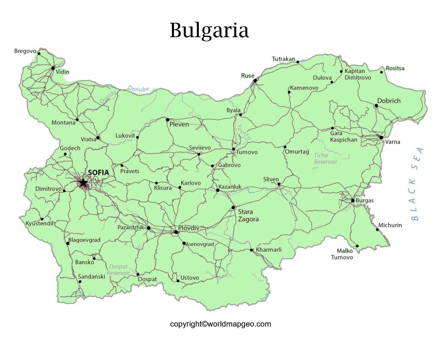 Bulgaria Map With Major Cities Labeled.