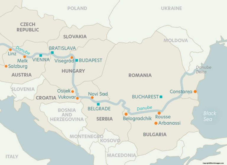 Danube River Map Map Of Danube River In PDF Danube River Map 768x560 