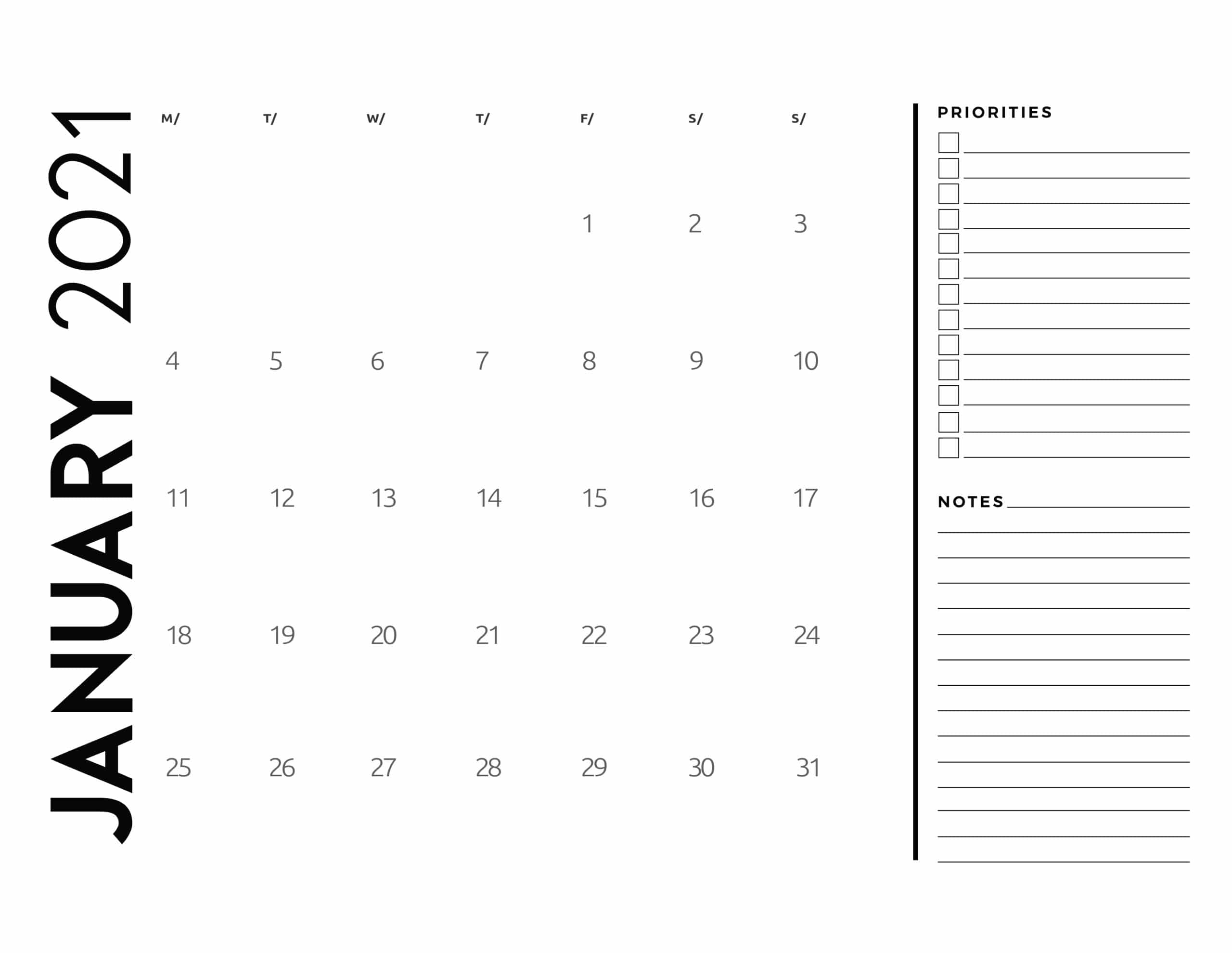 free 2021 calendar priorities and notes world of printables