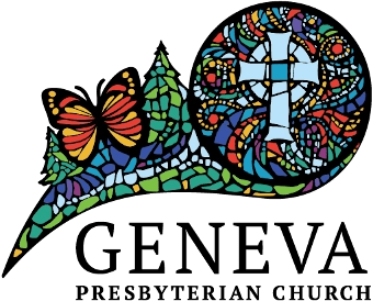 Geneva Presbyterian Church logo with a cross and butterfly in stain glass graphic