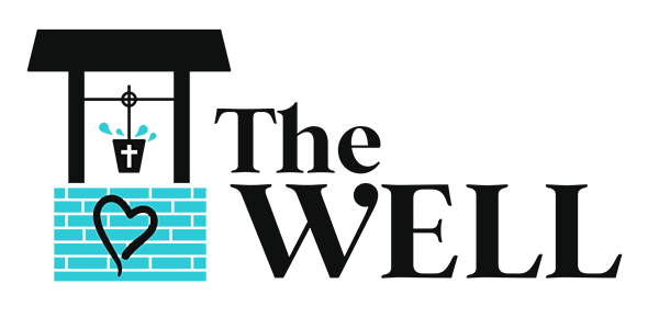 The Well logo as a graphic of the name to the right and a well to the left in blue brick with a heart displayed