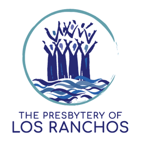 Presbytery of Los Ranchos Logo with a graphic of people with their arms raised over water in purple tones