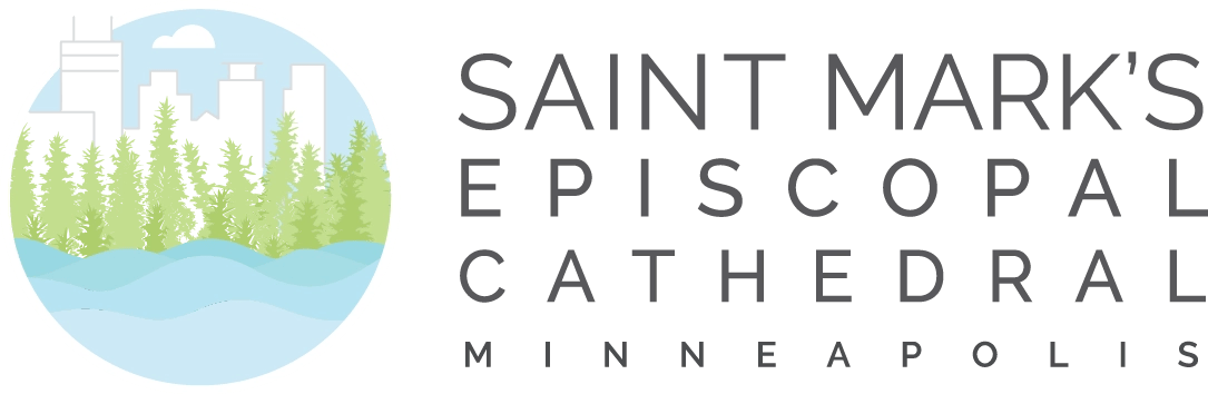 St Marks Episcopal Church logo with their name and a circular graphic with a city skyline behind trees and water